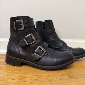 Chabers Black Leather Buckle Moto Ankle Boots EU 37 US 6.5 Made in Portugal